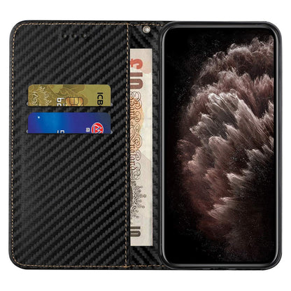 For iPhone 15 Carbon Fiber Texture PU Leather+TPU Wallet Case Viewing Stand Phone Cover