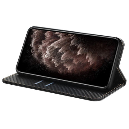 For iPhone 15 Carbon Fiber Texture PU Leather+TPU Wallet Case Viewing Stand Phone Cover