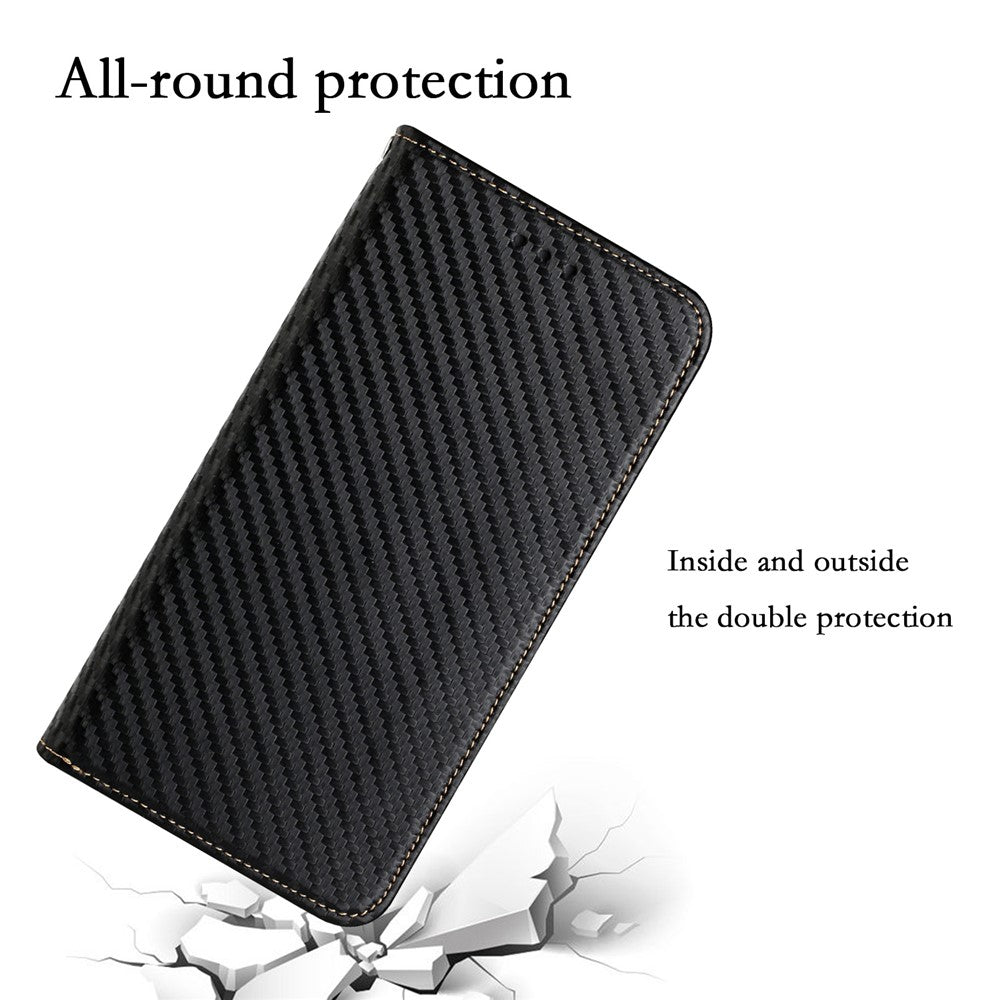 For iPhone 15 Carbon Fiber Texture PU Leather+TPU Wallet Case Viewing Stand Phone Cover