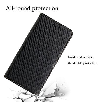 For iPhone 15 Carbon Fiber Texture PU Leather+TPU Wallet Case Viewing Stand Phone Cover