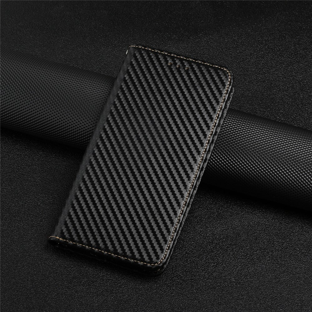 For iPhone 15 Carbon Fiber Texture PU Leather+TPU Wallet Case Viewing Stand Phone Cover