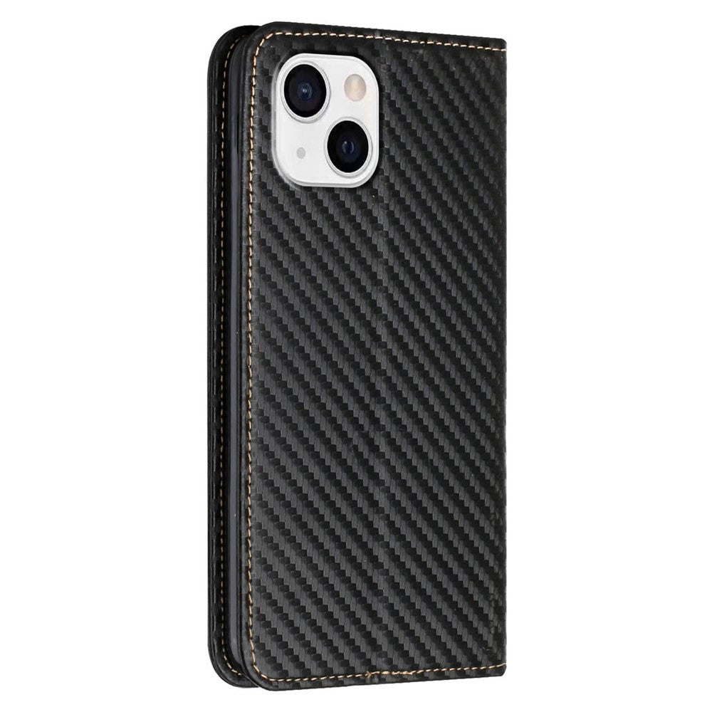 For iPhone 15 Carbon Fiber Texture PU Leather+TPU Wallet Case Viewing Stand Phone Cover