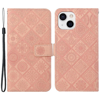 Leather Wallet Case for iPhone 15 Plus , Drop Resistant Imprinted Flower Phone Stand Cover
