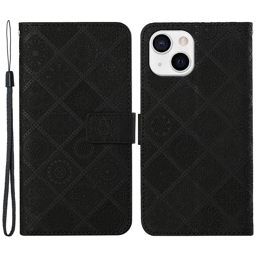 Leather Wallet Case for iPhone 15 Plus , Drop Resistant Imprinted Flower Phone Stand Cover
