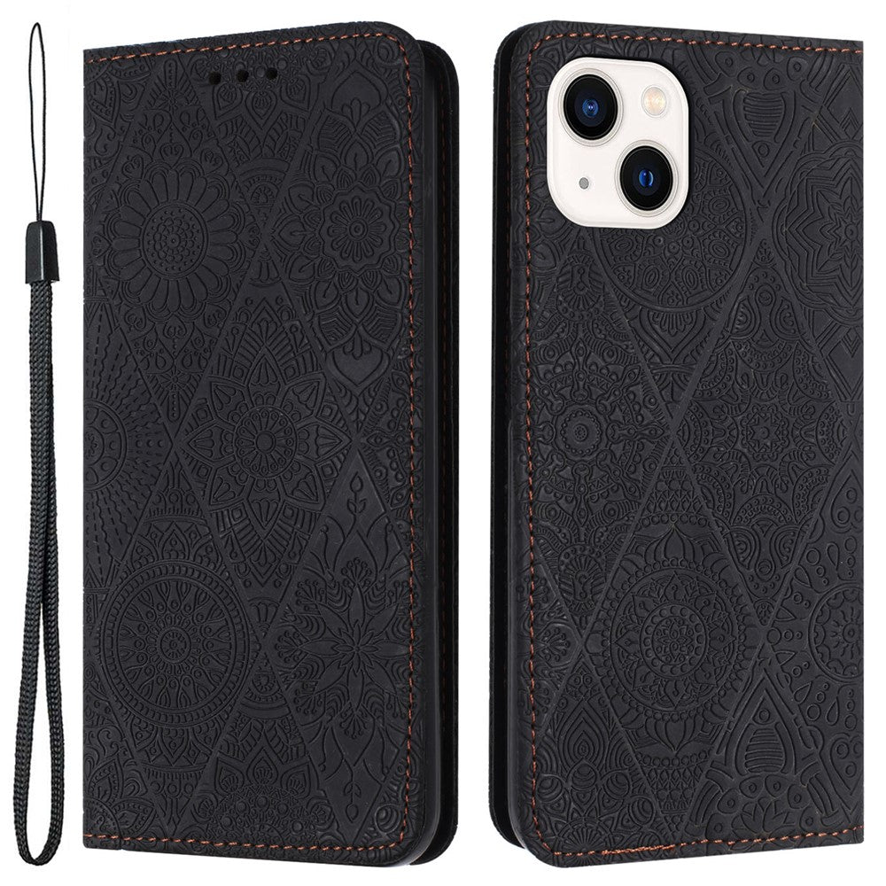 Wallet Case for iPhone 15 Fully Wrapped PU Leather Retro Flower Imprinted Phone Stand Cover