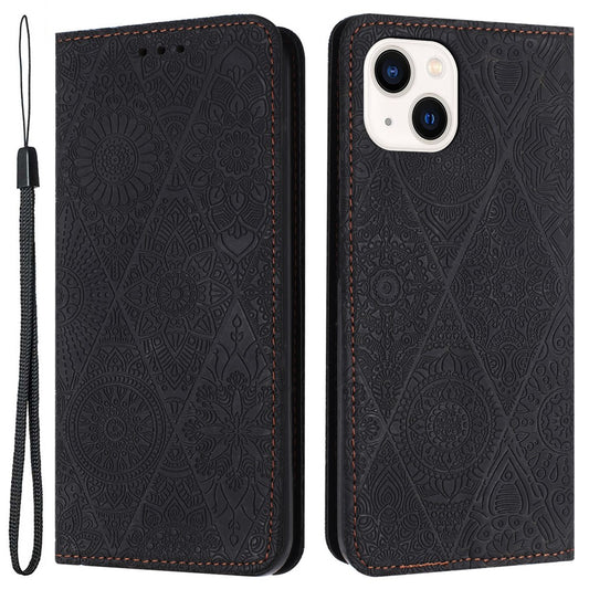 Wallet Case for iPhone 15 Fully Wrapped PU Leather Retro Flower Imprinted Phone Stand Cover
