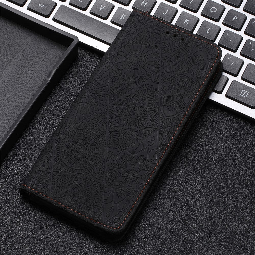 Wallet Case for iPhone 15 Fully Wrapped PU Leather Retro Flower Imprinted Phone Stand Cover