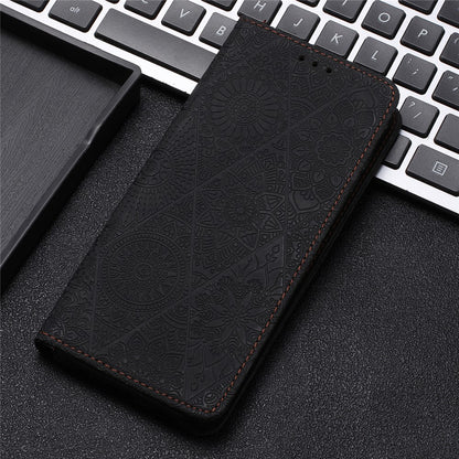 Wallet Case for iPhone 15 Fully Wrapped PU Leather Retro Flower Imprinted Phone Stand Cover