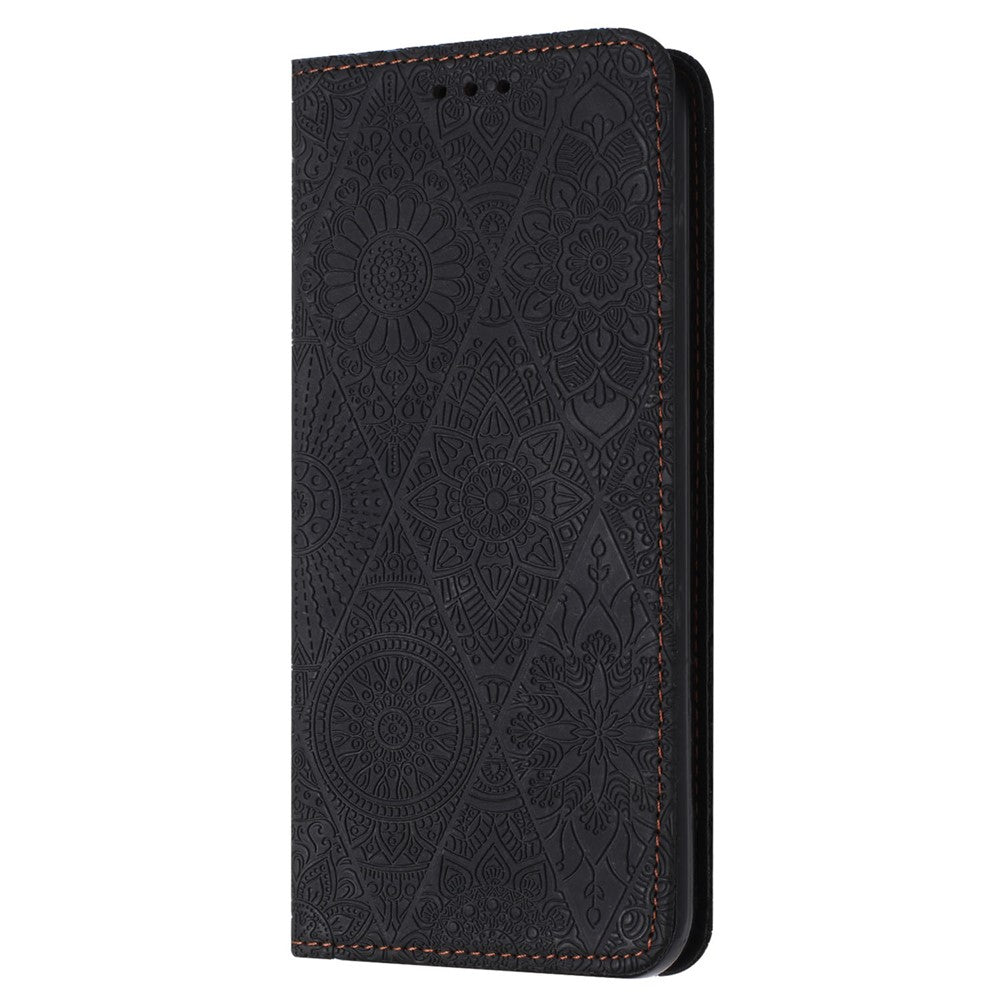 Wallet Case for iPhone 15 Fully Wrapped PU Leather Retro Flower Imprinted Phone Stand Cover