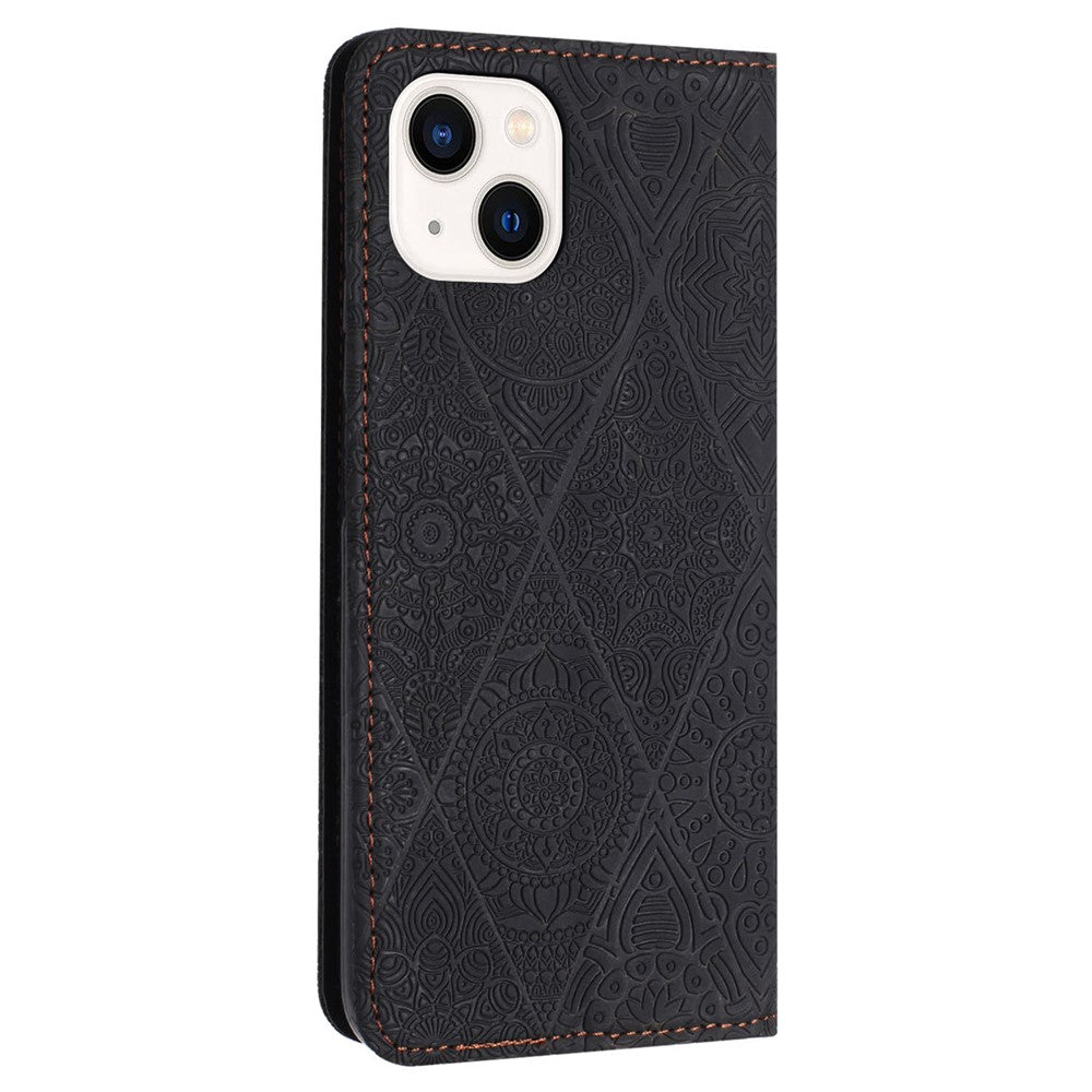 Wallet Case for iPhone 15 Fully Wrapped PU Leather Retro Flower Imprinted Phone Stand Cover