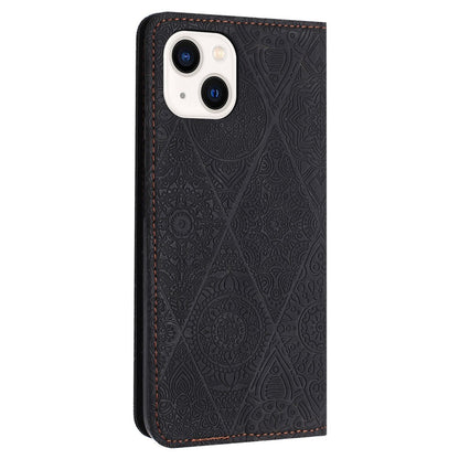 Wallet Case for iPhone 15 Fully Wrapped PU Leather Retro Flower Imprinted Phone Stand Cover