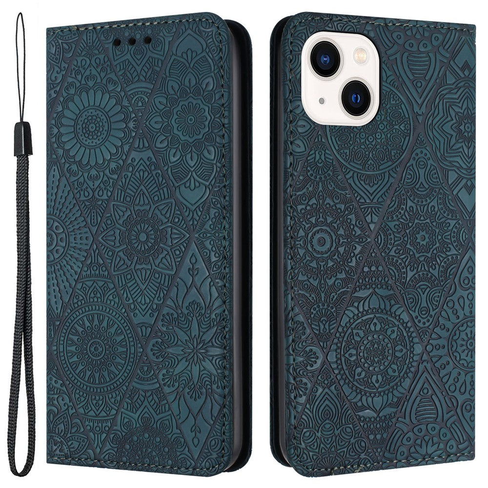 Wallet Case for iPhone 15 Fully Wrapped PU Leather Retro Flower Imprinted Phone Stand Cover