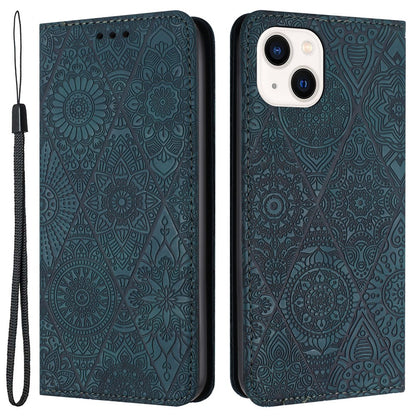 Wallet Case for iPhone 15 Fully Wrapped PU Leather Retro Flower Imprinted Phone Stand Cover