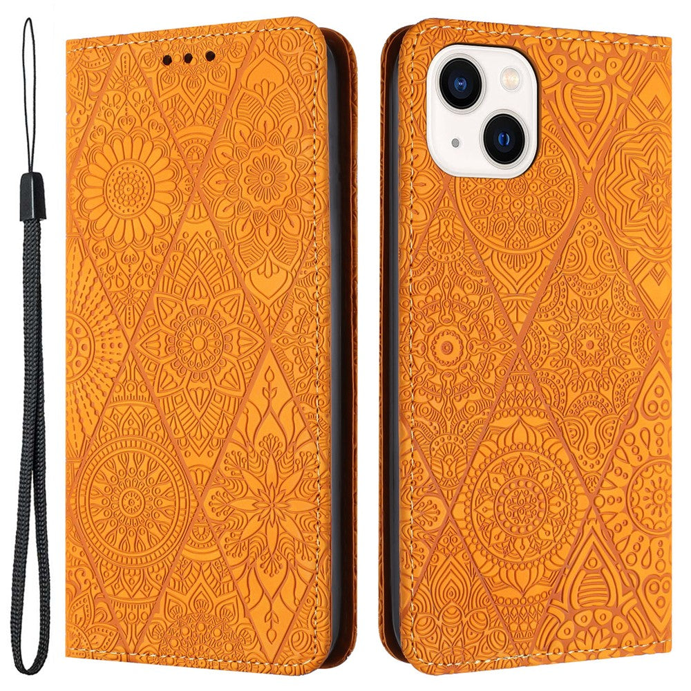 Wallet Case for iPhone 15 Fully Wrapped PU Leather Retro Flower Imprinted Phone Stand Cover