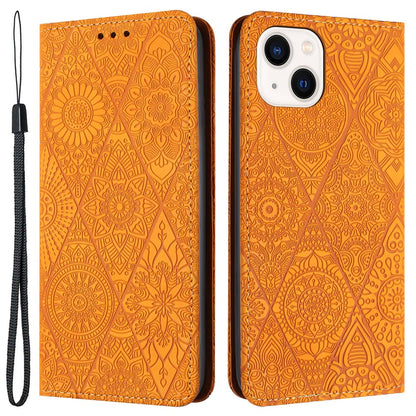 Wallet Case for iPhone 15 Fully Wrapped PU Leather Retro Flower Imprinted Phone Stand Cover