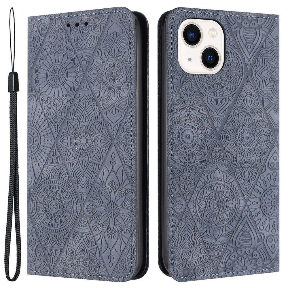 Wallet Case for iPhone 15 Fully Wrapped PU Leather Retro Flower Imprinted Phone Stand Cover