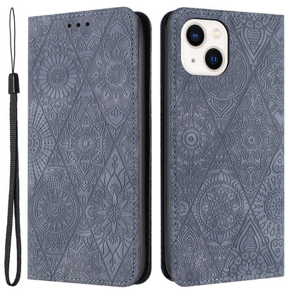 Wallet Case for iPhone 15 Fully Wrapped PU Leather Retro Flower Imprinted Phone Stand Cover