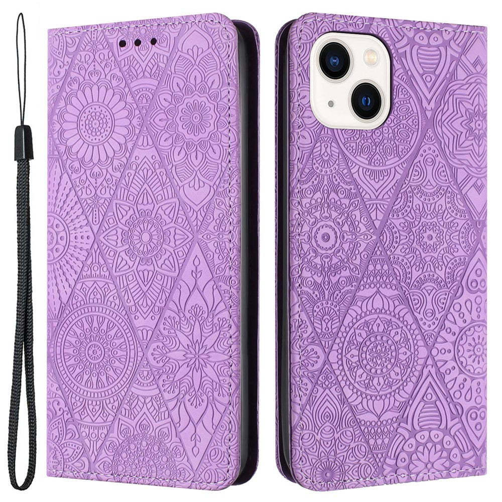 Wallet Case for iPhone 15 Fully Wrapped PU Leather Retro Flower Imprinted Phone Stand Cover