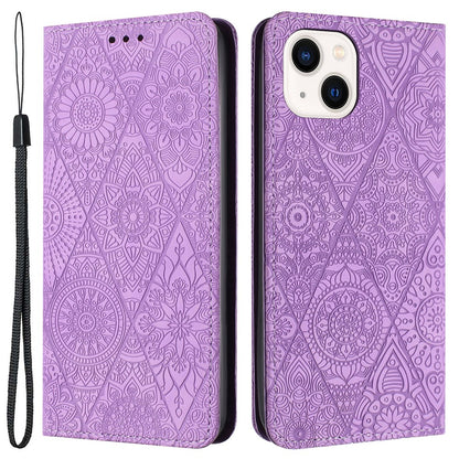 Wallet Case for iPhone 15 Fully Wrapped PU Leather Retro Flower Imprinted Phone Stand Cover