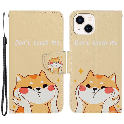 For iPhone 15 Pattern Printing Wallet Case PU Leather Cross Texture Stand Phone Cover with Strap