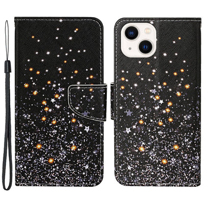 For iPhone 15 Pattern Printing Wallet Case PU Leather Cross Texture Stand Phone Cover with Strap
