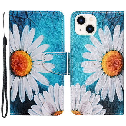 For iPhone 15 Pattern Printing Wallet Case PU Leather Cross Texture Stand Phone Cover with Strap