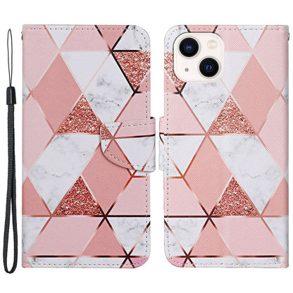 For iPhone 15 Pattern Printing Wallet Case PU Leather Cross Texture Stand Phone Cover with Strap