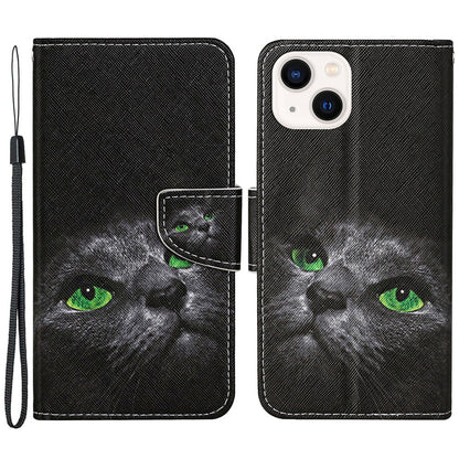 For iPhone 15 Pattern Printing Wallet Case PU Leather Cross Texture Stand Phone Cover with Strap