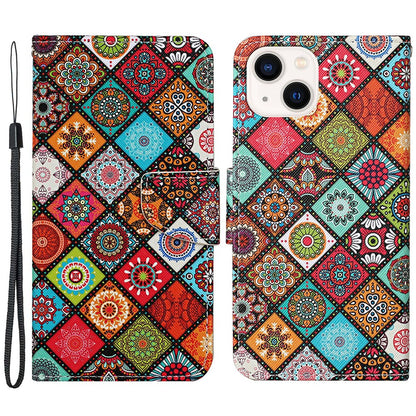 For iPhone 15 Pattern Printing Wallet Case PU Leather Cross Texture Stand Phone Cover with Strap