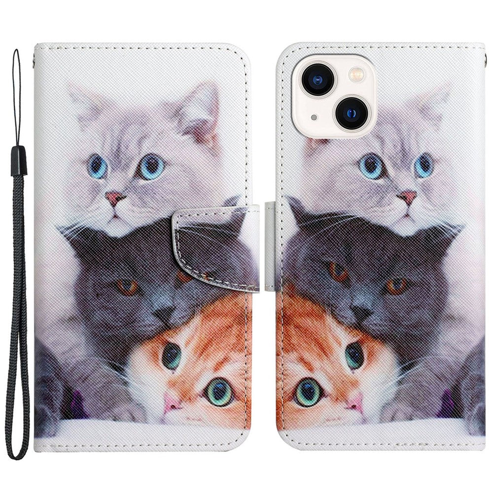 For iPhone 15 Pattern Printing Wallet Case PU Leather Cross Texture Stand Phone Cover with Strap