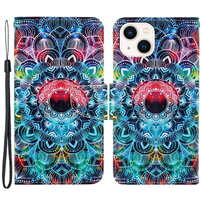 For iPhone 15 Pattern Printing Wallet Case PU Leather Cross Texture Stand Phone Cover with Strap