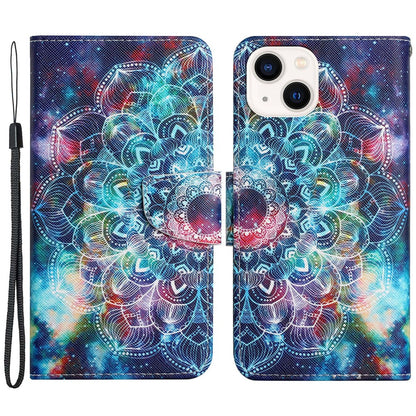 For iPhone 15 Pattern Printing Wallet Case PU Leather Cross Texture Stand Phone Cover with Strap