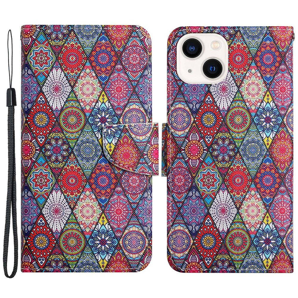 For iPhone 15 Pattern Printing Wallet Case PU Leather Cross Texture Stand Phone Cover with Strap