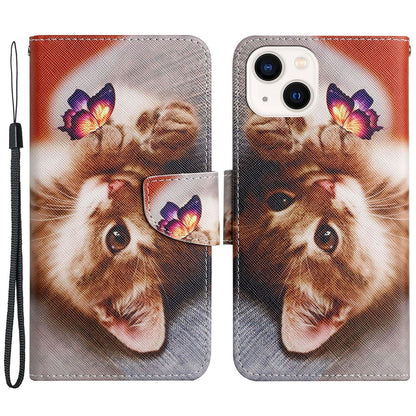 For iPhone 15 Pattern Printing Wallet Case PU Leather Cross Texture Stand Phone Cover with Strap