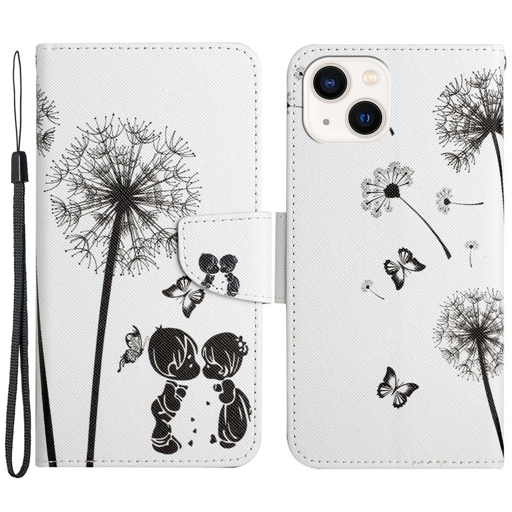 For iPhone 15 Pattern Printing Wallet Case PU Leather Cross Texture Stand Phone Cover with Strap
