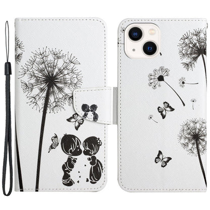 For iPhone 15 Pattern Printing Wallet Case PU Leather Cross Texture Stand Phone Cover with Strap