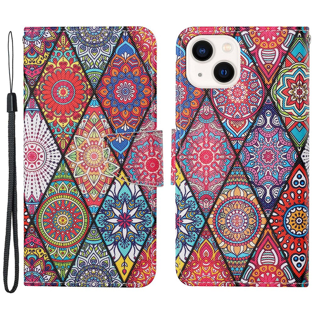 For iPhone 15 Pattern Printing Wallet Case PU Leather Cross Texture Stand Phone Cover with Strap