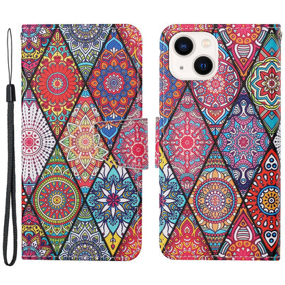 For iPhone 15 Pattern Printing Wallet Case PU Leather Cross Texture Stand Phone Cover with Strap