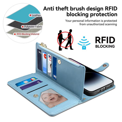 ESEBLE RFID Blocking Phone Case for iPhone 15 Pro Max , Zipper Pocket PU Leather Stand Wallet Cover