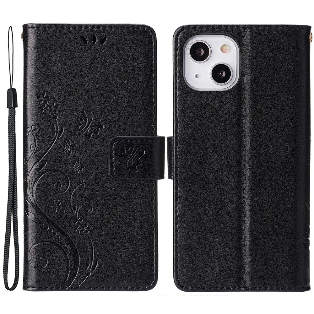 For iPhone 15 Imprinted Butterflies Mobile Phone  Stand Case PU Leather Wallet Shell with Strap