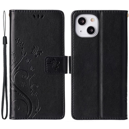For iPhone 15 Imprinted Butterflies Mobile Phone  Stand Case PU Leather Wallet Shell with Strap