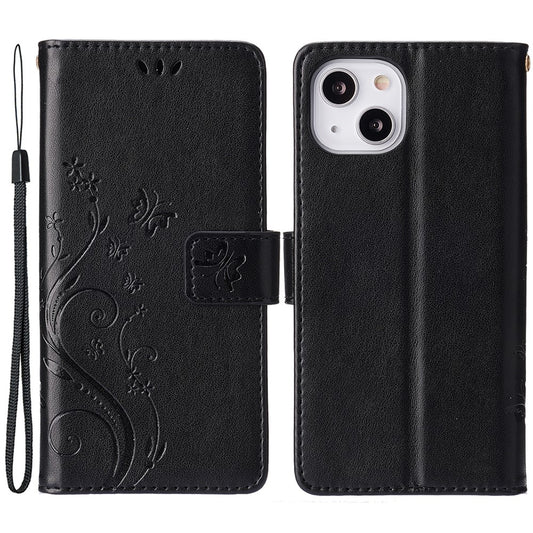 For iPhone 15 Imprinted Butterflies Mobile Phone  Stand Case PU Leather Wallet Shell with Strap