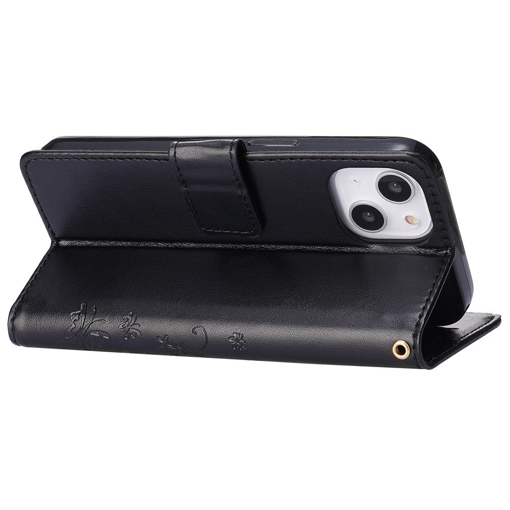 For iPhone 15 Imprinted Butterflies Mobile Phone  Stand Case PU Leather Wallet Shell with Strap