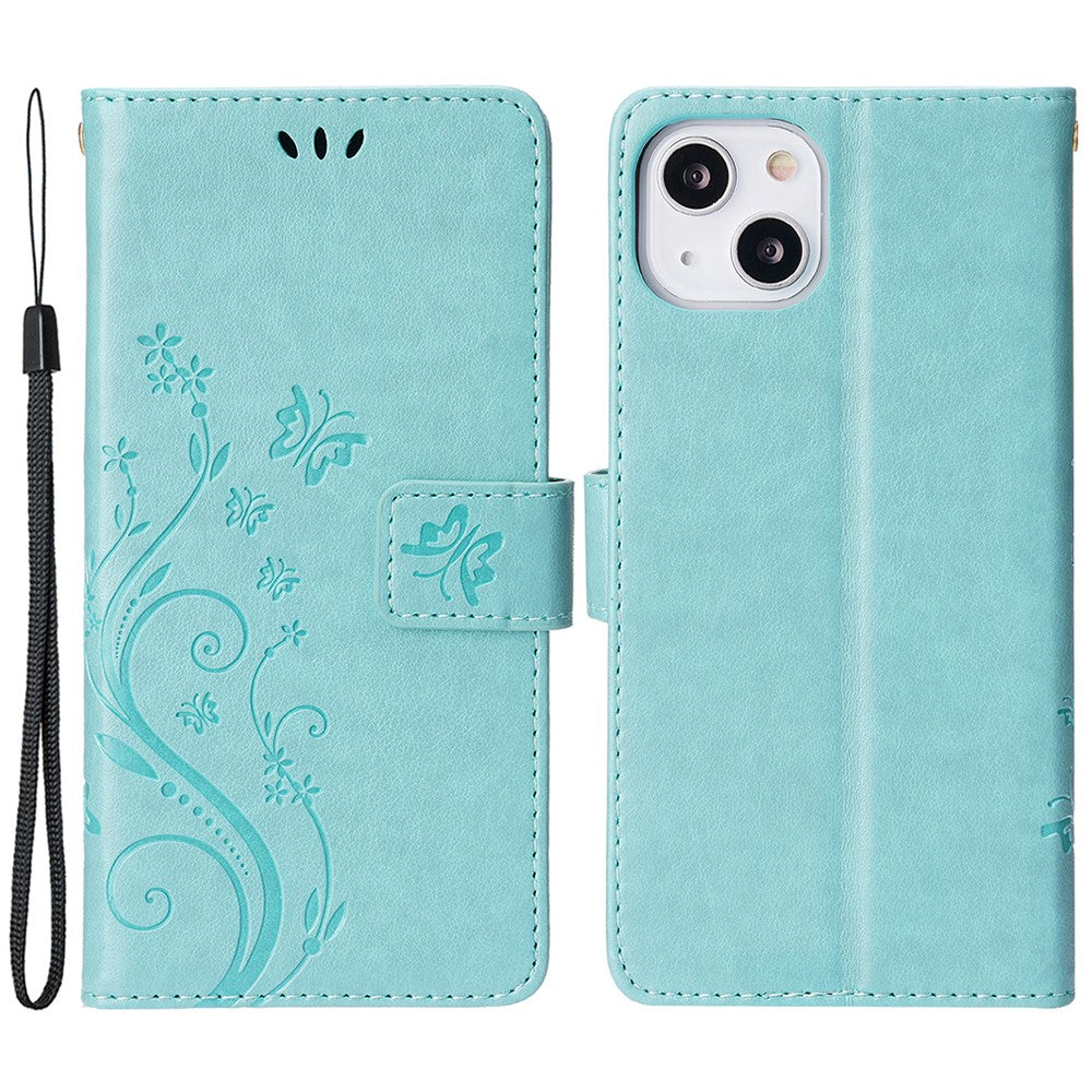 For iPhone 15 Imprinted Butterflies Mobile Phone  Stand Case PU Leather Wallet Shell with Strap