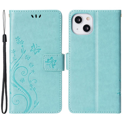 For iPhone 15 Imprinted Butterflies Mobile Phone  Stand Case PU Leather Wallet Shell with Strap