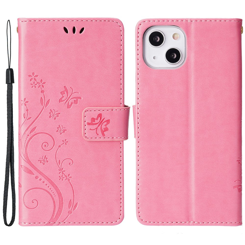For iPhone 15 Imprinted Butterflies Mobile Phone  Stand Case PU Leather Wallet Shell with Strap