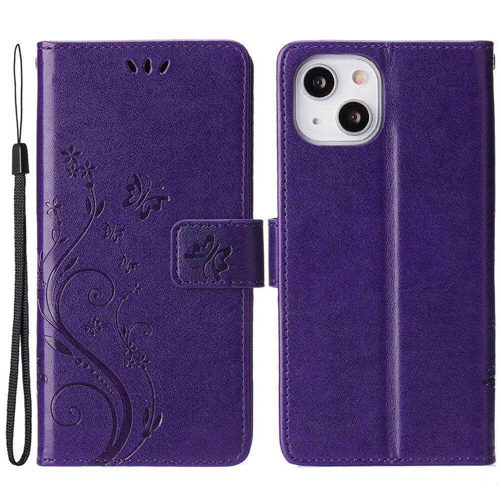 For iPhone 15 Imprinted Butterflies Mobile Phone  Stand Case PU Leather Wallet Shell with Strap