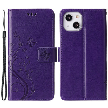 For iPhone 15 Imprinted Butterflies Mobile Phone  Stand Case PU Leather Wallet Shell with Strap