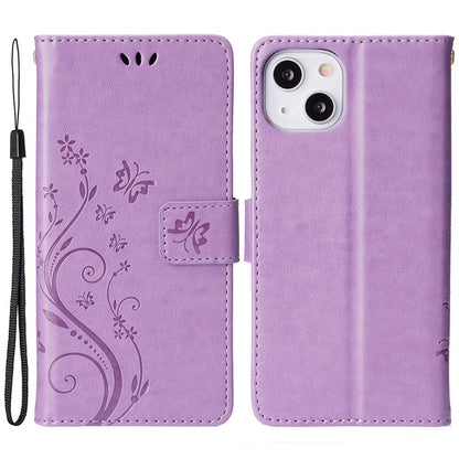 For iPhone 15 Imprinted Butterflies Mobile Phone  Stand Case PU Leather Wallet Shell with Strap