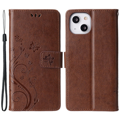 For iPhone 15 Imprinted Butterflies Mobile Phone  Stand Case PU Leather Wallet Shell with Strap